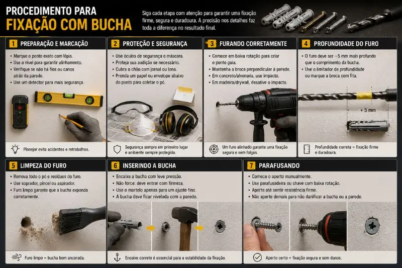 Passo a passo visual para instalação correta de bucha e parafuso na parede